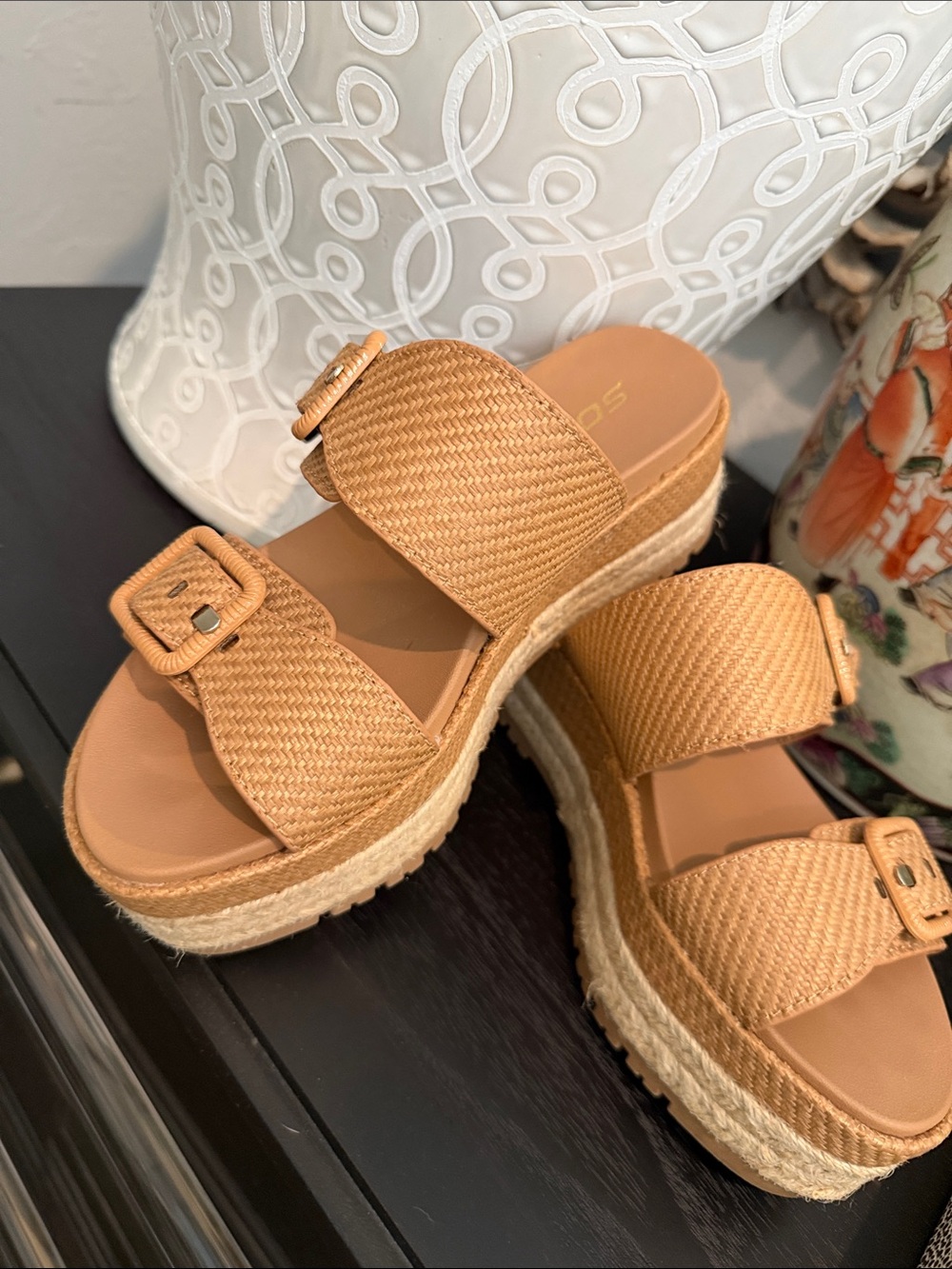 Woven Tan Platform Slide Sandals - Women